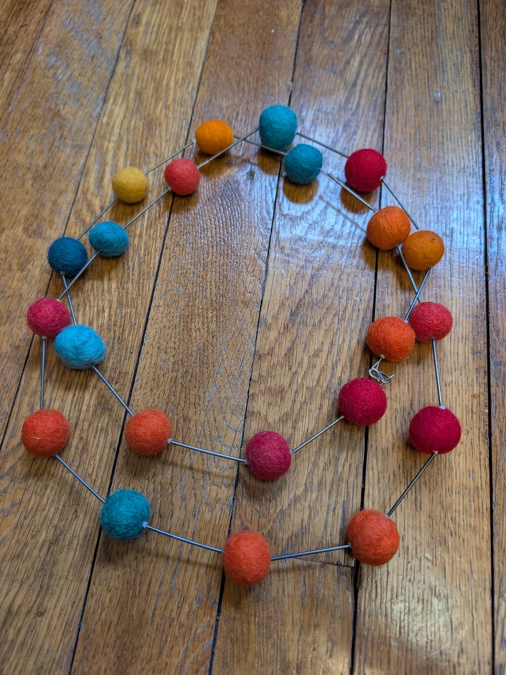 Vintage felted wool necklace with colorful felt balls 24 Inches